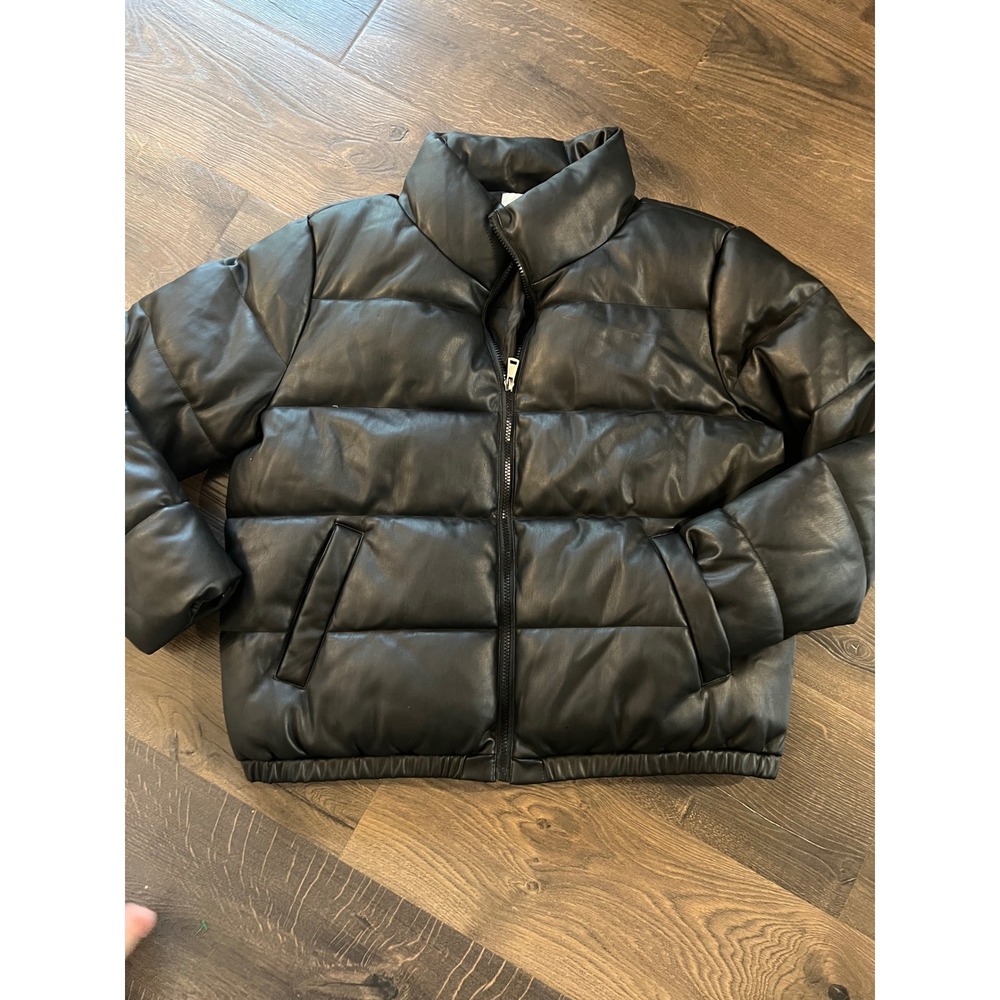 Sebby Collection Faux Leather Puffer‎ Jacket Black Quilted Mock Neck XL
